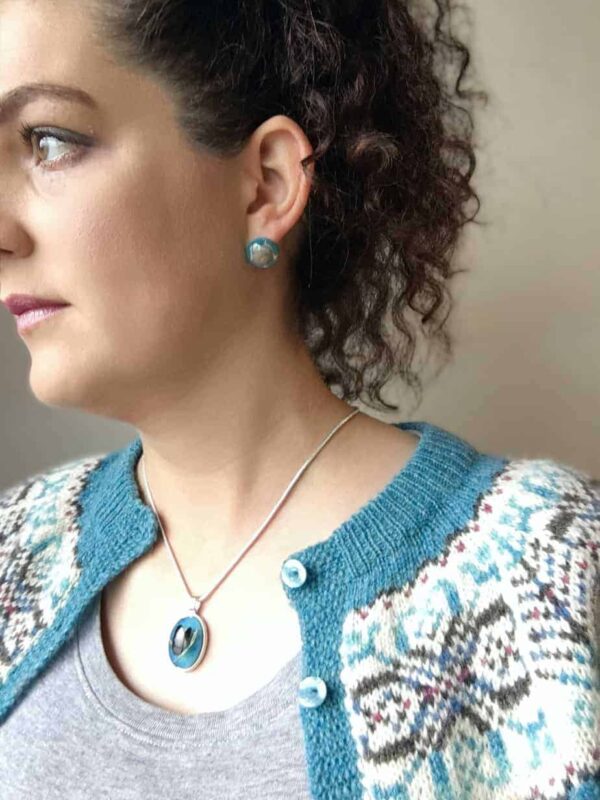 Sea blue resin beach pendants from Shetland.