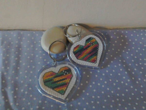 Feeling Groovy cross stitch heart Keyring