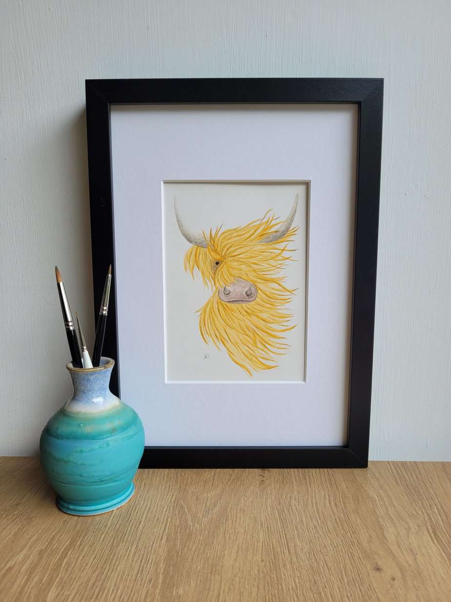 Highland Coo - Original Watercolour Painting Framed A4 - Image 1