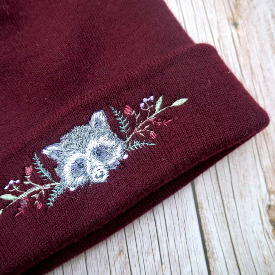 Lovely Floral Racoon Embroidered Beanie - Image 4