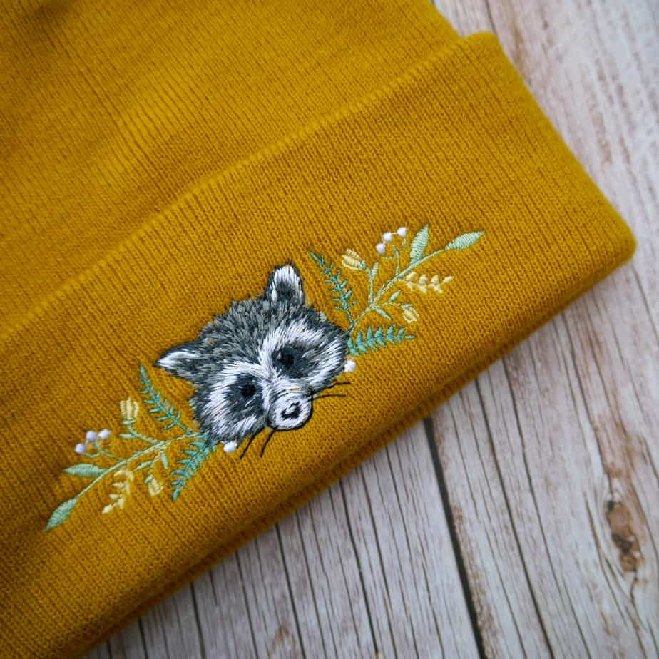 Lovely Floral Racoon Embroidered Beanie - Image 3