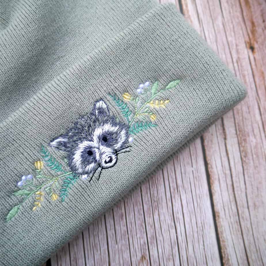 Lovely Floral Racoon Embroidered Beanie - Image 1