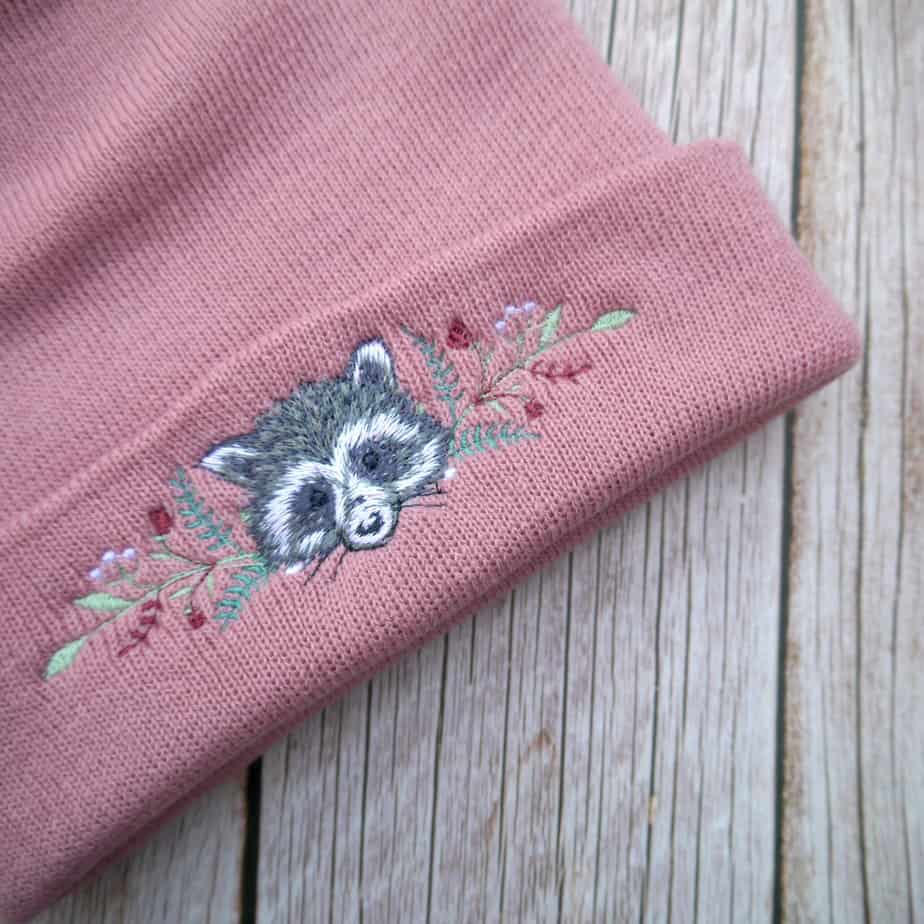 Lovely Floral Racoon Embroidered Beanie - Image 2