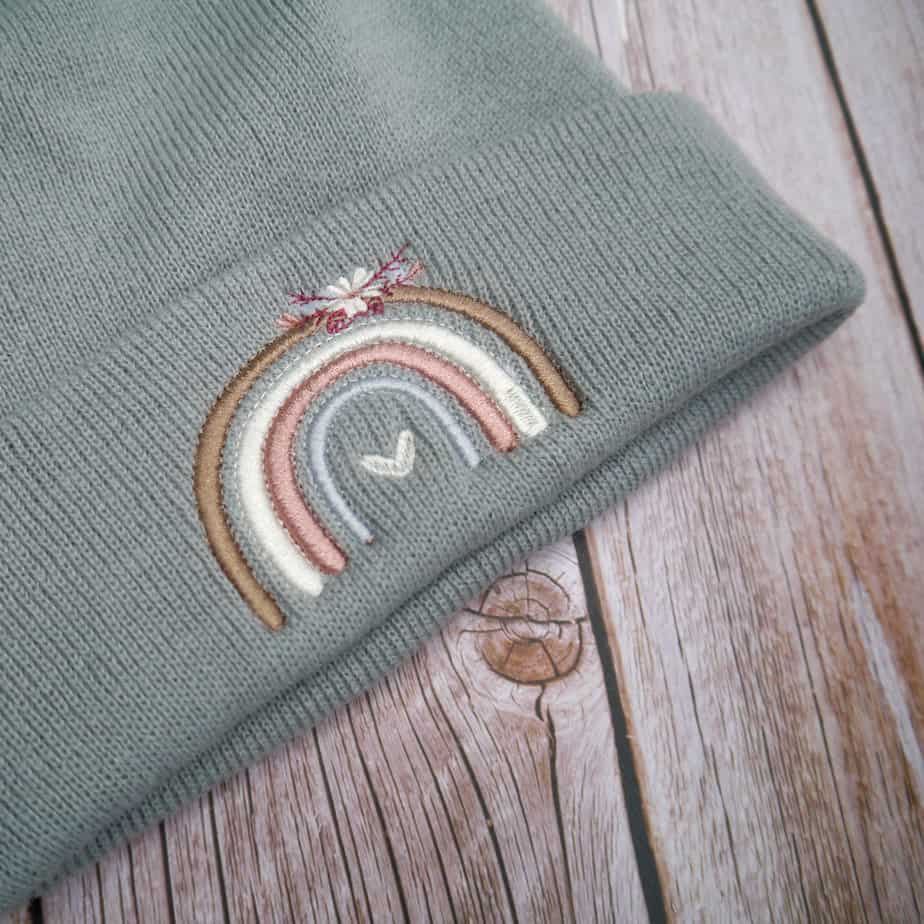 Lovely Boho Rainbow Embroidered Beanie With Bobble - Image 1