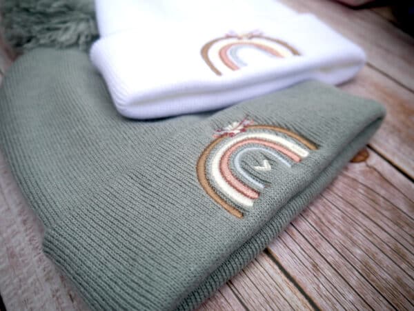 Lovely Boho Rainbow Embroidered Beanie With Bobble