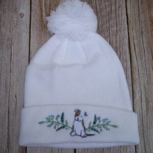 Lovely Floral White Dog Embroidered Beanie With Bobble - Image 2