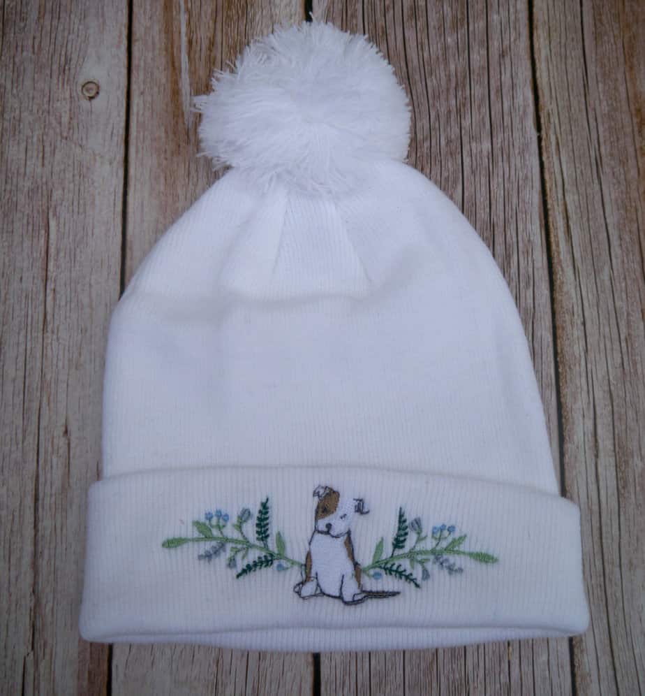 Lovely Floral White Dog Embroidered Beanie With Bobble - Image 2