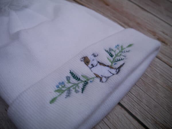 Lovely Floral White Dog Embroidered Beanie With Bobble