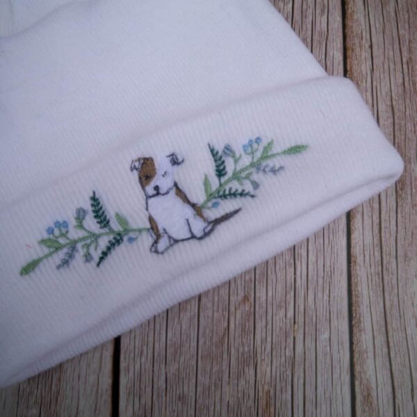 Lovely Floral White Dog Embroidered Beanie With Bobble