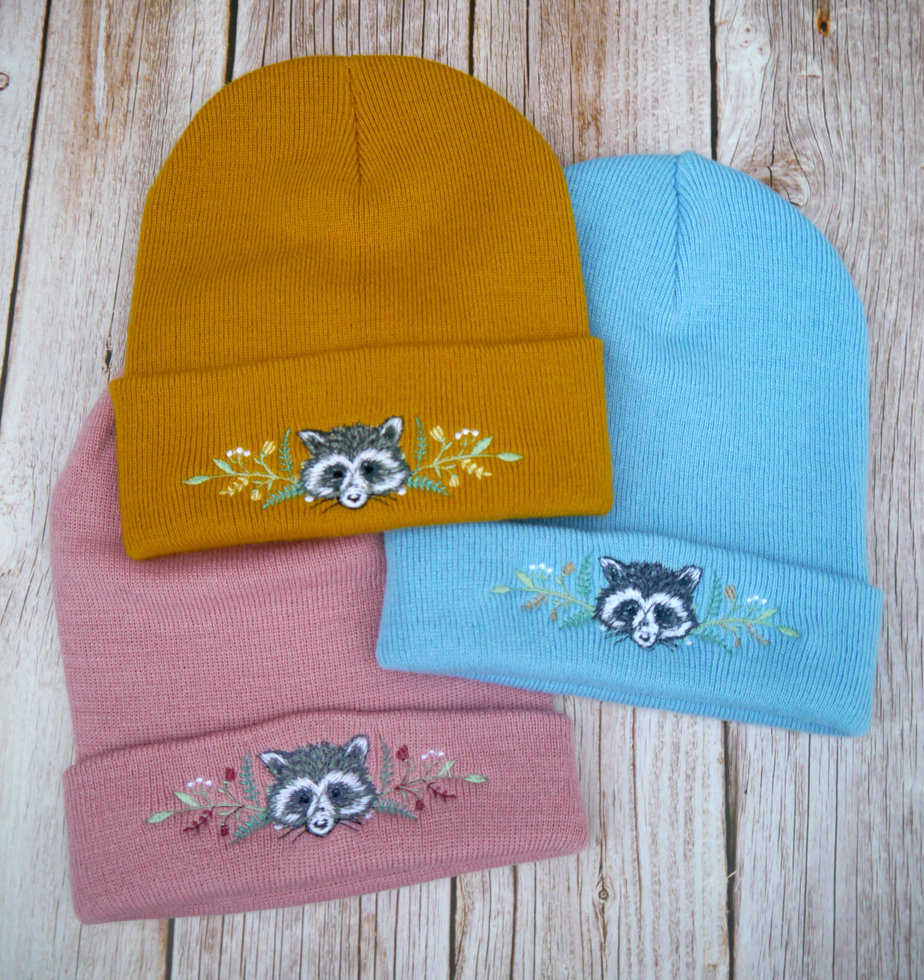 Lovely Floral Racoon Embroidered Beanie - Image 8
