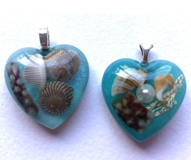 Sea blue resin beach pendants from Shetland.