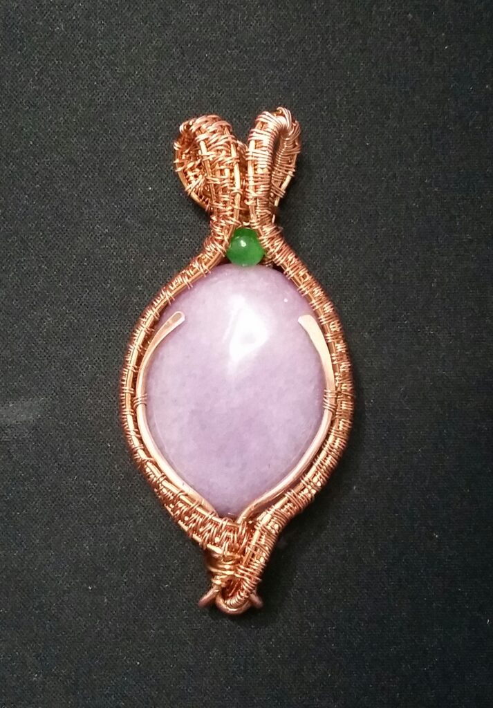Lilac Purple Spar Stone with Green Cat's Eye Wrapped Copper Wire Necklace