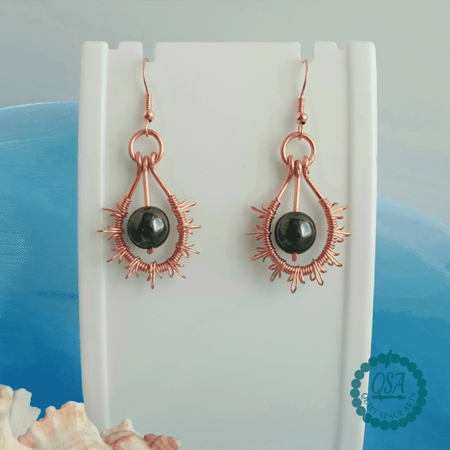 Sunburst Copper and Magnetic Haematite Drop Hook Earrings - Image 2