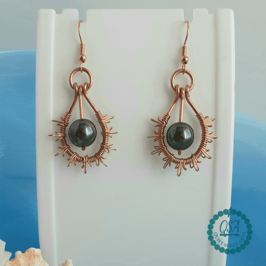 Sunburst Copper and Magnetic Haematite Drop Hook Earrings - Image 1