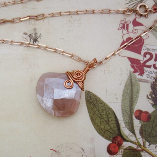 Peach Moonstone, Necklace, Rose Gold Plated, Gift for Her