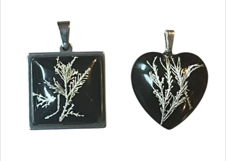 Seaweed pendants with shimmering black night sky background.