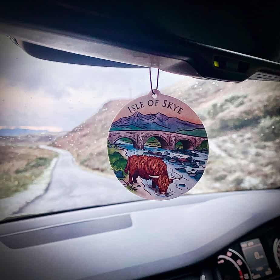 Car air freshener with Highland Cow at Sligachan Old Bridge - Image 3